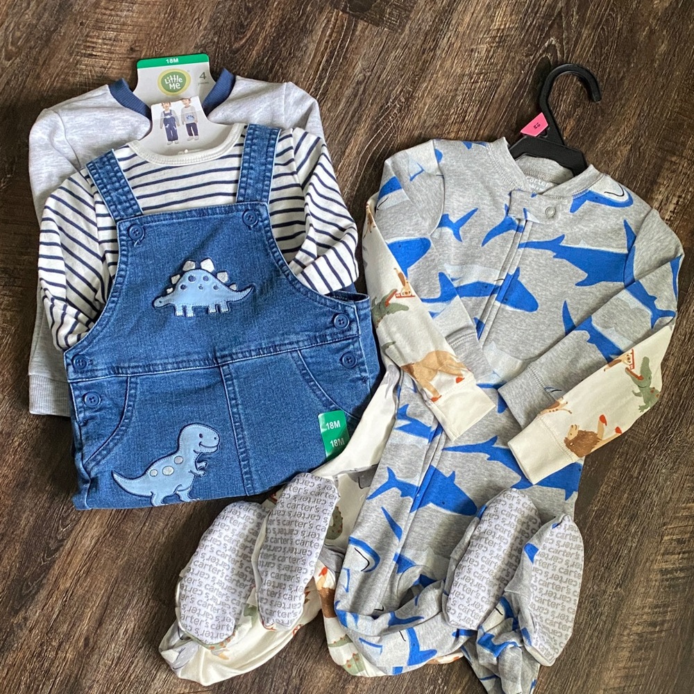 Baby Boy/Toddler Bundle Denim Dino Overall Set & Two Animal Print Footed Pajamas